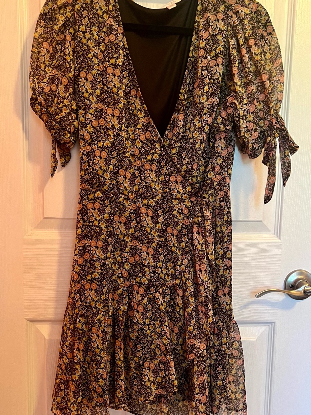 LC Lauren Conrad Black Floral Wrap Dress with Peach and Yellow Accents